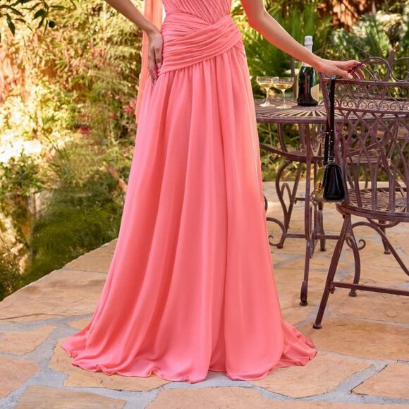 New Strapless Coral Bridesmaid Dress w/ Pleated Draping & Corset Bodice CD395 - Picture 10 of 10